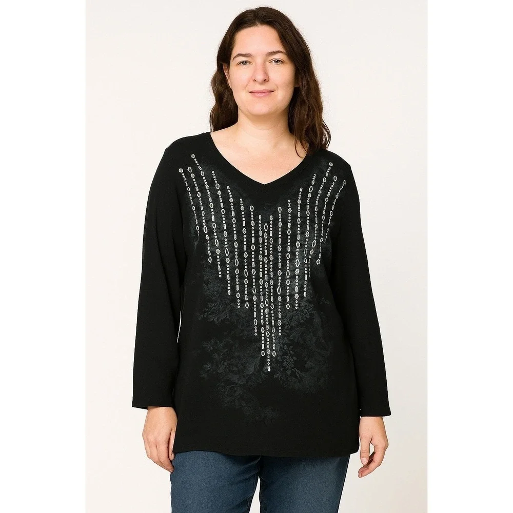 Just My Style Plus Size 1X 16W Black V-Neck Long Sleeve Embellished‎ Tunic Top - Picture 6 of 6
